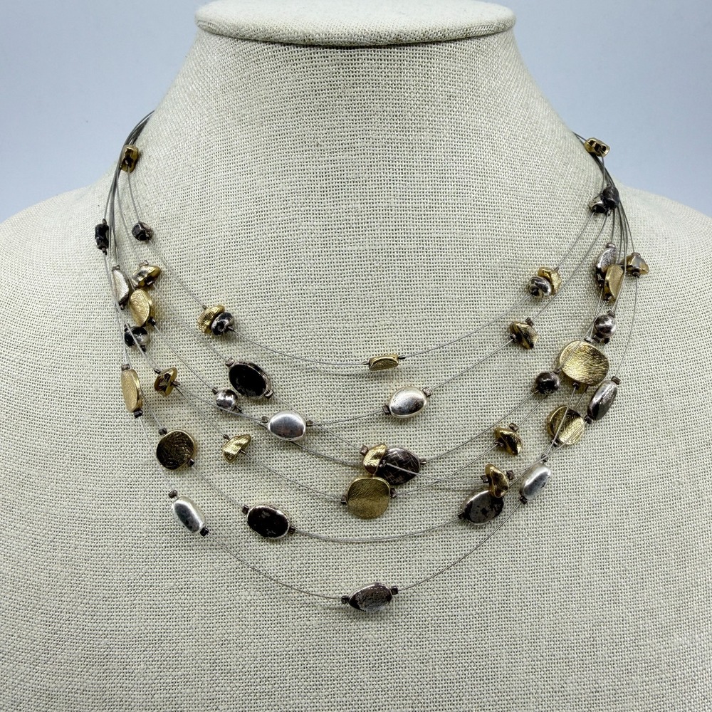 Lia Sophia Necklace Multi Strand Gold & Silver Tone Floating Bead Layered Boho